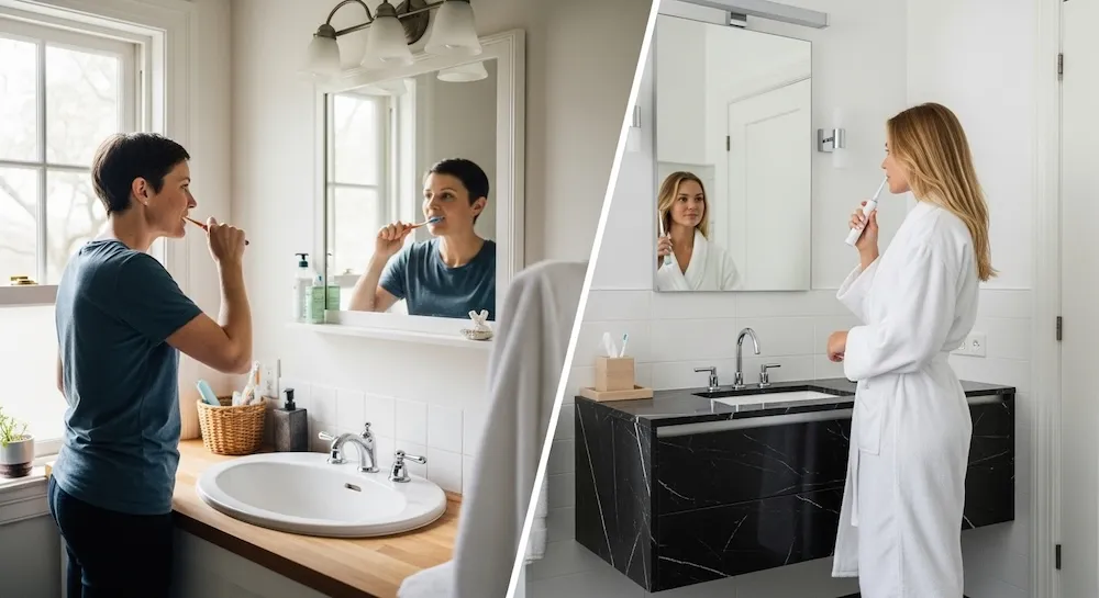 電動歯ブラシで歯を磨く女性、手動歯ブラシで歯を磨く女性