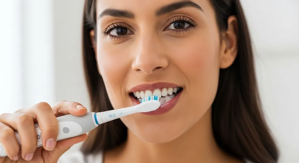 電動歯ブラシを持つ女性
